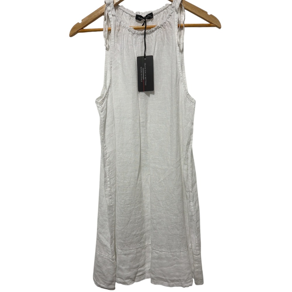 Francesca Bettini White Pure Linen Tie Shoulder Mini Dress Made in Italy NWT M